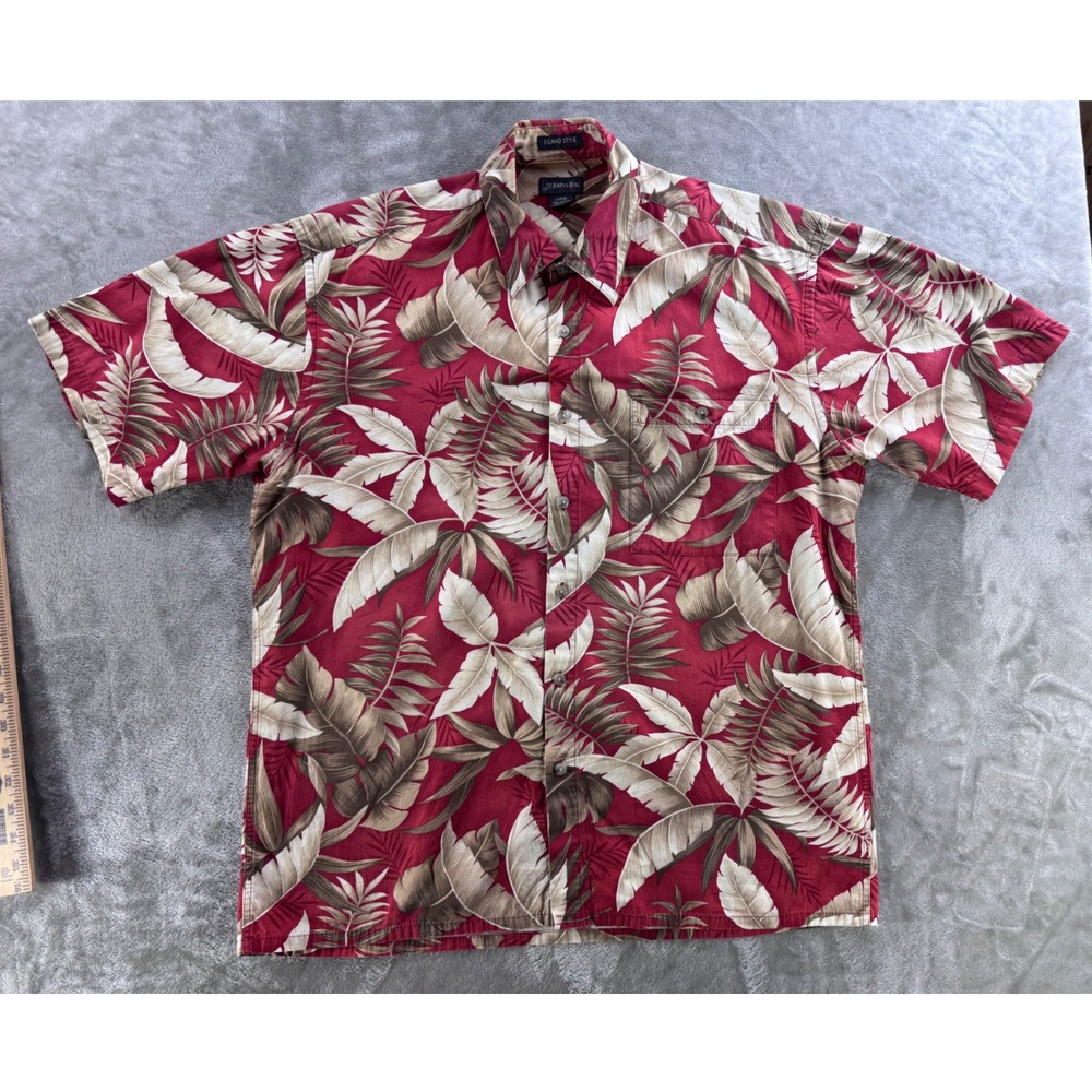 St Johns Bay Mens Large Red Tropical Leaf Hawaiian Cotton Button Down Shirt